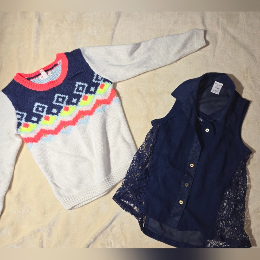 Colorful Knit Sweater and Navy Lace Top for Kids